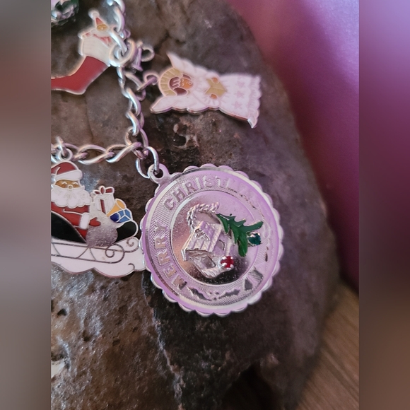 Vintage Wells Sterling Silver and Enamel Christmas Charm Bracelet -